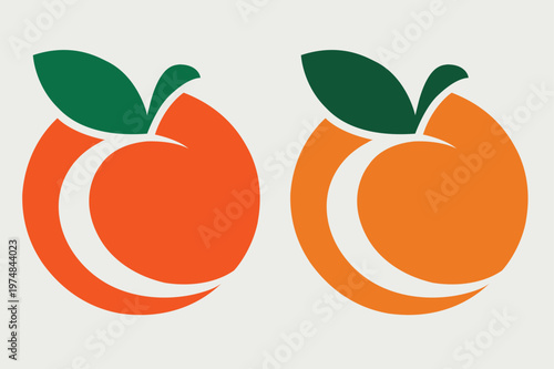 Two orange fruit icons with green leaves on a light gray background icon illustration vector. A minimalist logo design of a stylized orange fruit