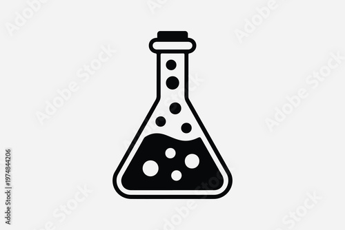 Laboratory Erlenmeyer flask icon with stopper and boiling liquid bubbles, science and chemistry concept.