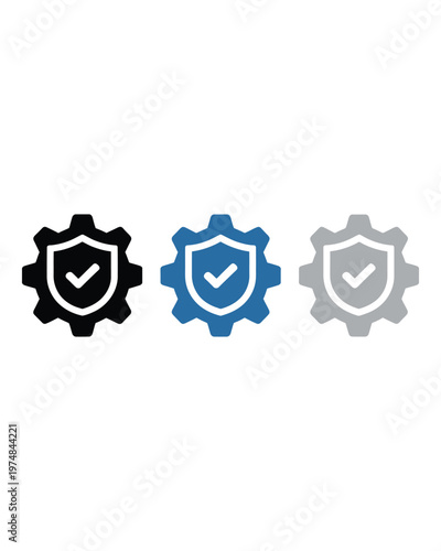 Three gears with shield and checkmark icons in black blue and grey colors isolated on transparent background vector illustration.