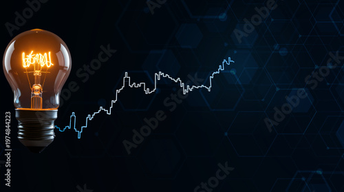 Photography financial strategy, glowing light bulb with stock market candlestick chart and a