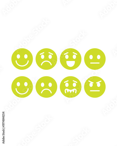 Collection of various emoji faces different emotions vector set of eight yellow emoticons expressing happiness sadness anger.