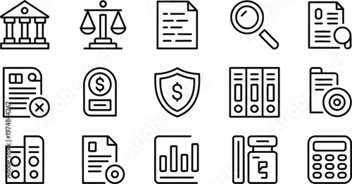 Collection of business and finance related line icons on white background
