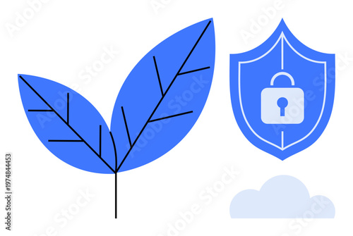 Environmental safety, data protection, eco-friendly technology, cloud storage, security systems, sustainability. Blue leaf, shield with lock and cloud. Environmental safety and data protection