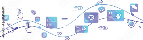 Augmented reality and 3D interaction concept with user gestures digital interface elements and immersive technology workflow in modern flat vector illustration style