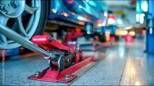 Red hydraulic floor jack beside a car wheel in a professional auto service garage
