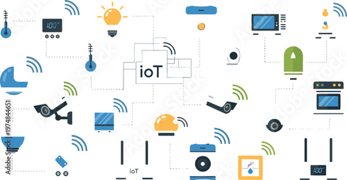 Internet of Things smart home network with connected devices sensors cameras appliances and wireless automation system in modern flat vector illustration style