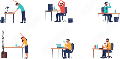 Art & IllustrationOffice workers daily activities set with people working at desks stretching using laptops drinking coffee and productivity scenes in flat vector illustration style