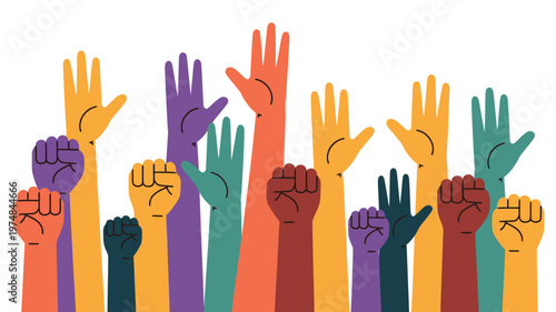 Multi-colored silhouettes of human hands and clenched fists raised in unity on white background, concept for business collaboration, community diversity, social justice activism