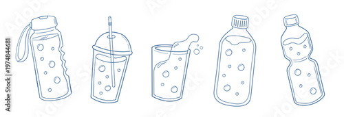 Hand Drawn Water Bottles and Glasses Set – Outline Doodle Drink Icons Collection, Hydration Sketch Vector