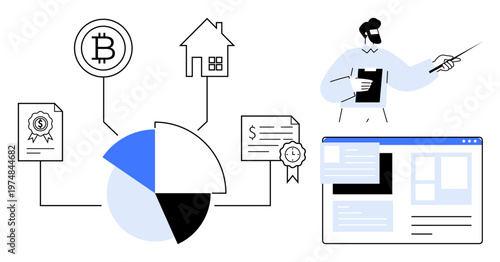 Blockchain, finance, assets, crypto, data tracking, online investment. Pie chart, Bitcoin symbol house certified documents and professional pointing at online data. Blockchain and finance concept