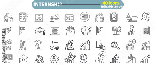 A collection of forty line art icons representing various internship and career themes