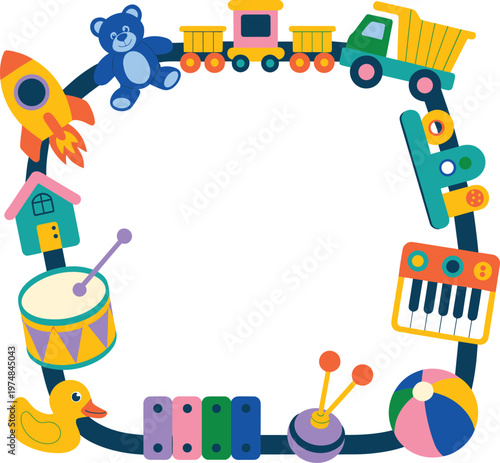 Colorful kids toys collection, cartoon style illustration, playful objects set, educational elements, nursery design, children game icons, fun learning visuals