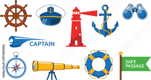 Nautical and Maritime Icons Featuring Captain, Lighthouse, Anchor, Compass, Telescope, and Safe Passage Symbols for Sailing and Navigation