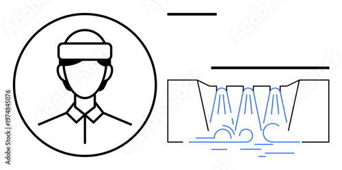 Industry, technology, manufacturing, water treatment, mechanical processes, workforce. Line art showing a worker in a hat and a water jet system. Industry and technology concept