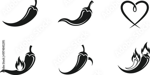 Hot chili pepper vector icons set featuring spicy jalapeño silhouettes, flaming red pepper designs, organic food symbols, Mexican cuisine logos, and fiery vegetable heart illustrations.