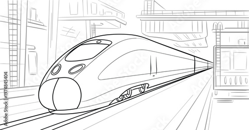 High speed futuristic train line art vector illustration with dynamic perspective railway station background, sleek black and white transport design for modern urban travel concept