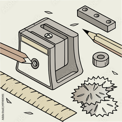 a manual pencil sharpener with a pencil and wood shavings, clean outline style, minimal design