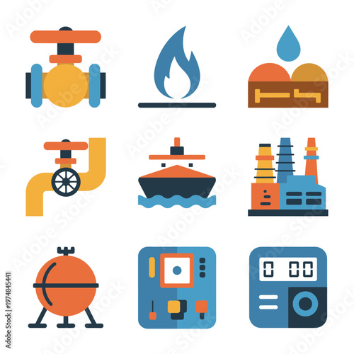 Natural Gas Icons, flat vector icons of natural gas extraction, gas wellhead, gas flame icon, underground gas field, gas pipeline, oil and gas industry, energy resources, clean vector design
