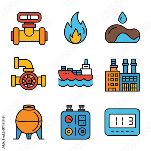 Natural Gas Icons, flat vector icons of natural gas extraction, gas wellhead, gas flame icon, underground gas field, gas pipeline, oil and gas industry, energy resources, clean vector design