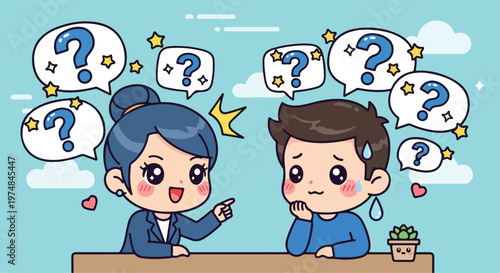 Confused man with many question marks above his head talking to a woman explaining something