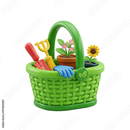 Green Toy Basket with Gardening Tools.