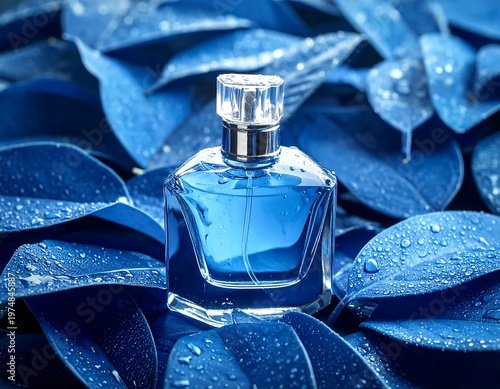 A square glass bottle with a silver top sits on deep blue leaves covered in water droplets. The bottle contains clear blue liquid
