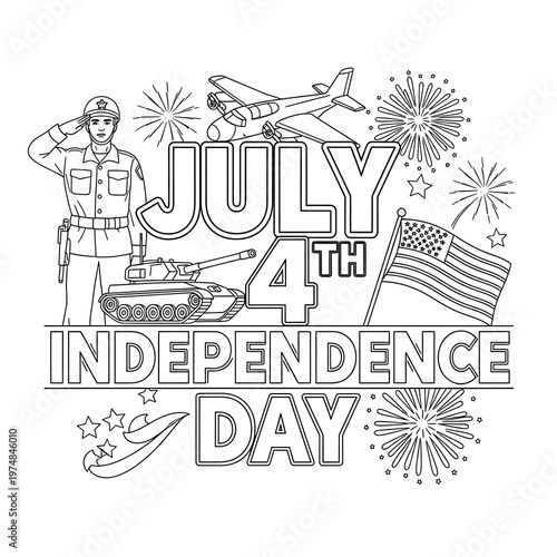 Independence Day Coloring Page with Patriotic Symbols and Celebrations.