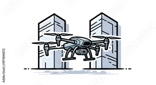 Drone flying over city skyscrapers, modern technology and urban landscape