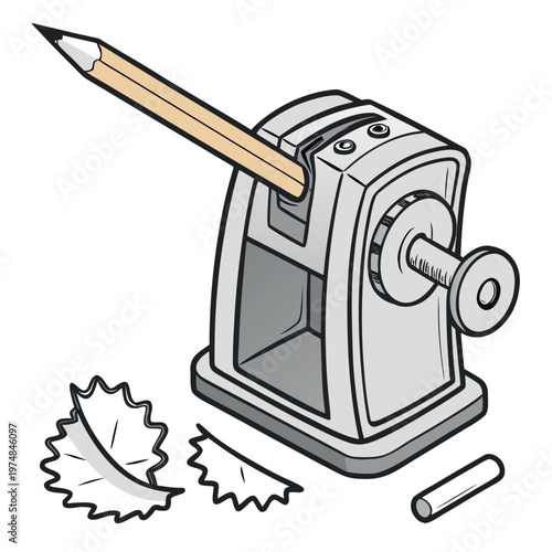 a manual pencil sharpener with a pencil and wood shavings, clean outline style, minimal design