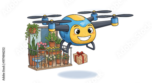 Smiling drone delivering gift with plants on shelf