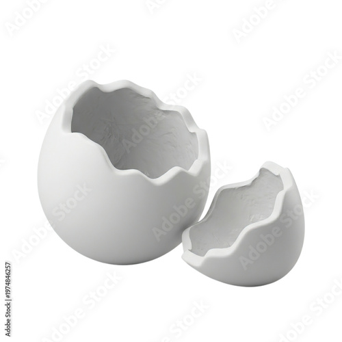 Broken White Eggshell on White Background.
