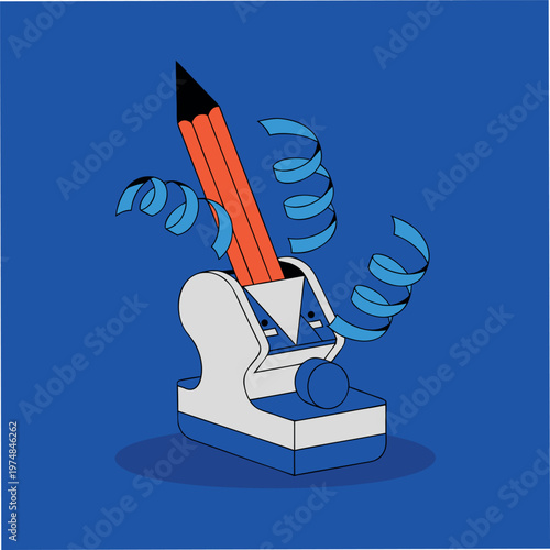 a manual pencil sharpener with a pencil and wood shavings, clean outline style, minimal design