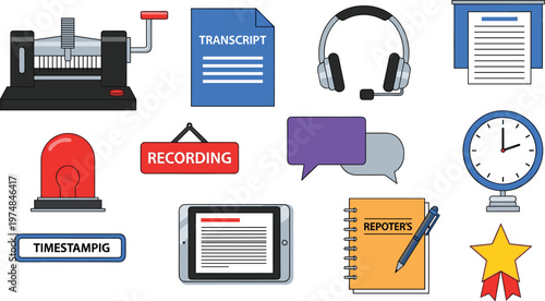 Transcription and Reporting Icons Featuring Transcript, Recording, Timestamping, Headset, and Reporter Tools for Media and Journalism