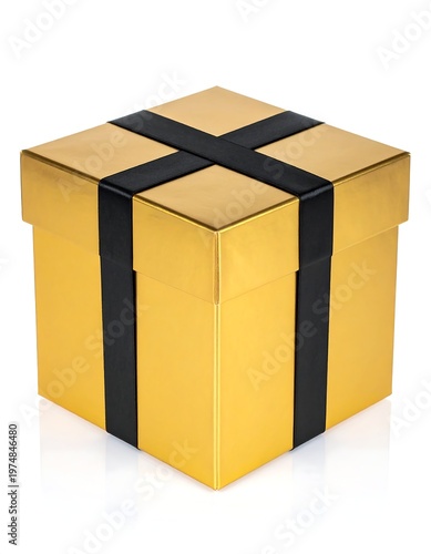 A square gold gift box with a black ribbon crisscrossing the top and down the sides, set against a white background