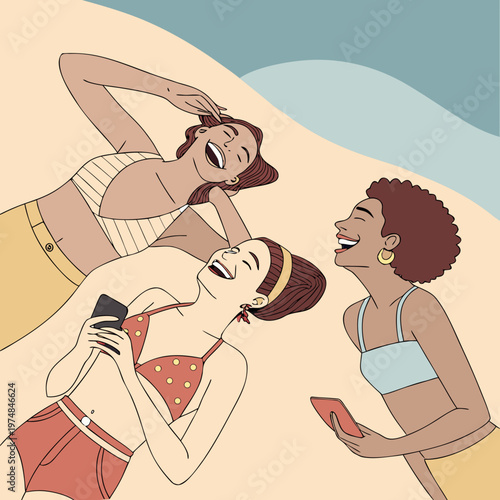 Harmony of female Friendship. three girlfriends in bikinis share laughter and relaxation. Cheerful young women in swimsuits lie together and having fun. relax and rest See Less
