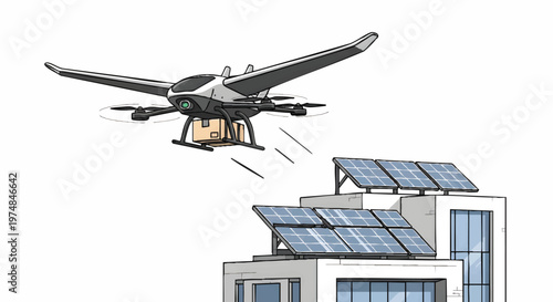 Drone flying over house with solar panels on roof top