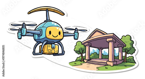 Drone flying over a building with a smiley face