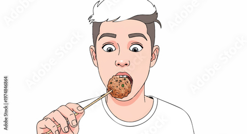 Cartoon man eating a meatball with surprised expression