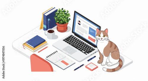 Isometric Work From Home Concept Illustration with a Cat Sitting on a Desk with Laptop, Books, and Coffee