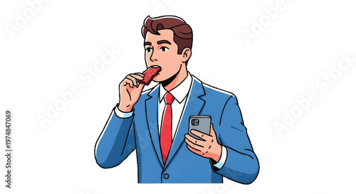 cartoon businessman eating snack and using smartphone