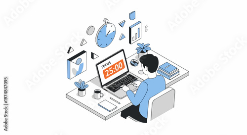 Isometric Illustration of a Person Using Pomodoro Technique for Productivity and Time Management