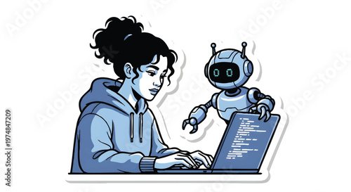 Teenager with robot working on laptop computer together