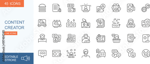 Content creator lifestyle line icons set, blogging vlogging social media tools influencer elements editable stroke vector collection
