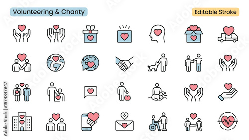 Volunteering & Charity Icons: A collection of various icons representing the concepts of volunteering and charity, featuring themes of kindness, generosity, and community support.