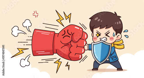Determined businessman bravely defends himself with a shield against a giant aggressive fist representing challenges