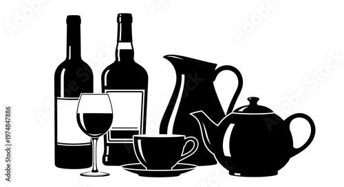Black and white illustration of bottles, glasses, pitcher, teacup, teapot, on white