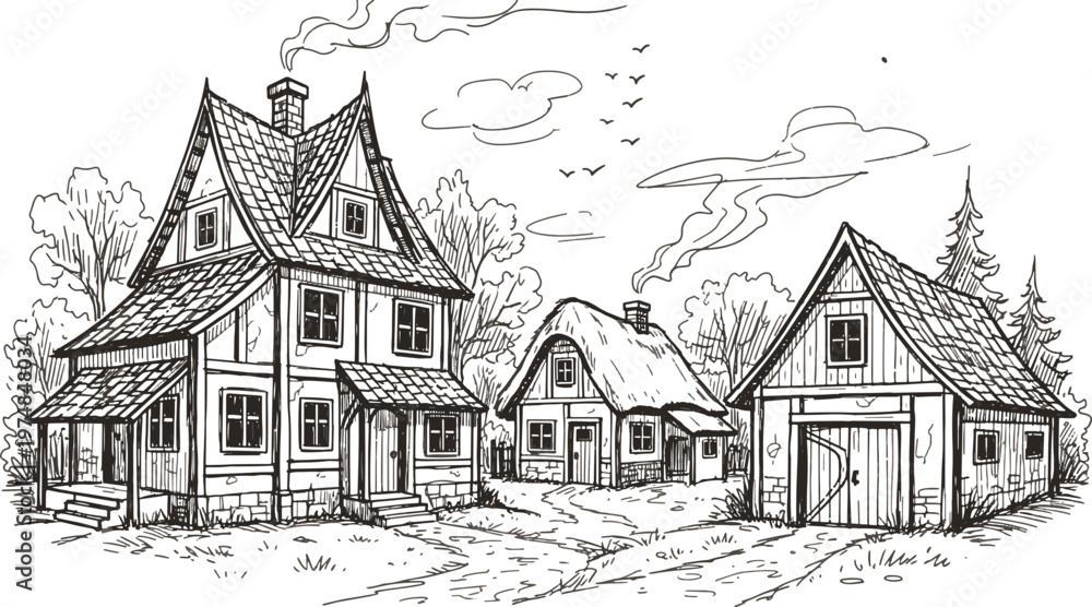 Fototapeta premium Charming victorian village with snow-covered houses under a cloudy sky