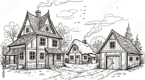 Charming victorian village with snow-covered houses under a cloudy sky