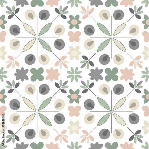 Floral Geometric Pattern with Soft Pastel Leaves and Flowers