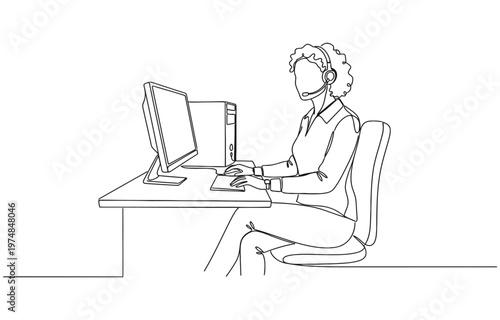 Single one line drawing young female call center worker sitting in front of computer, answering phone from customer.